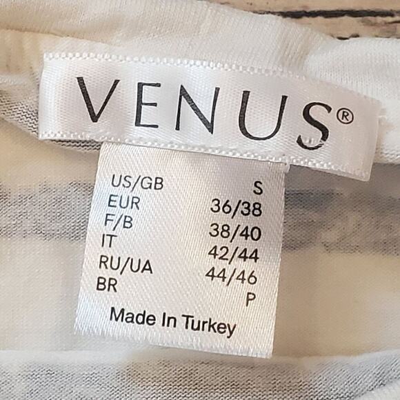 Venus White & Gray Striped Cold-Shoulder Ruffle Dress, Size Small - Picture 2 of 8